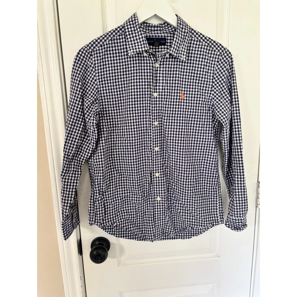 Ralph Lauren Boys L 14-16 Gingham Plaid Long Sleeve Button Front Shirt Navy